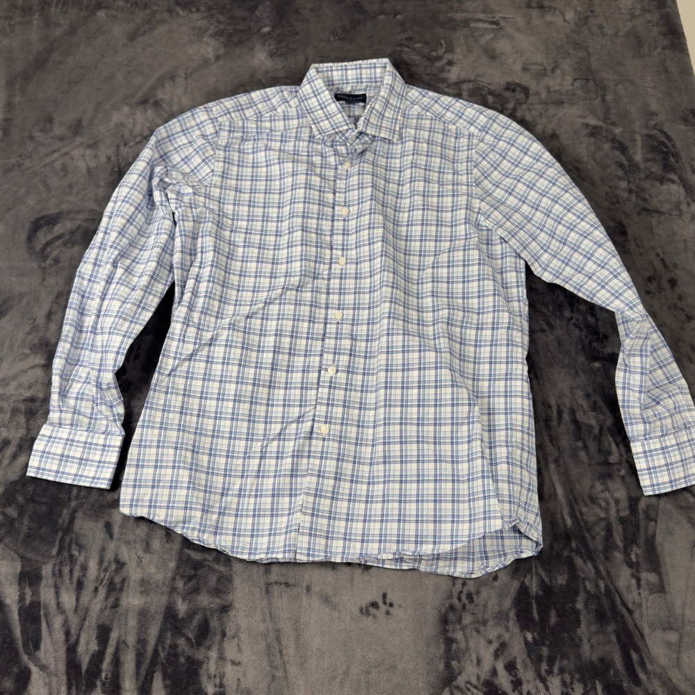 Scott Barber Button Down Shirt Mens Large Blue White Plaid Long Sleeve Cotton